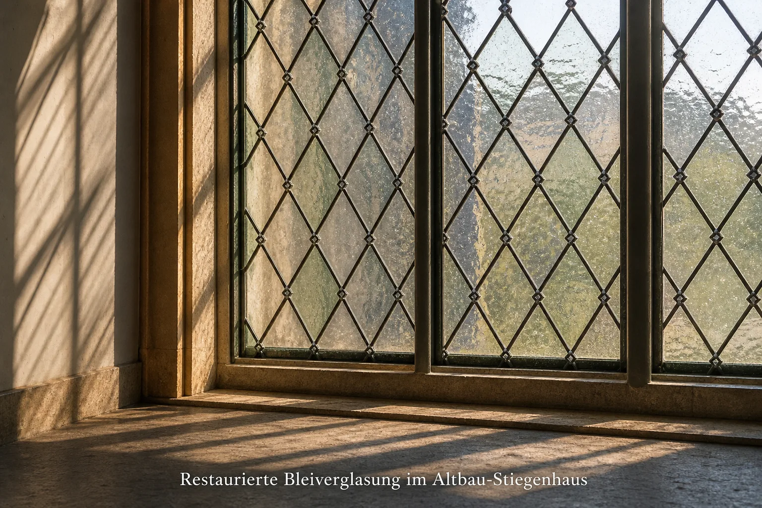 Nahaufnahme einer restaurierten Bleiverglasung mit geometrischem Rautenmuster in einem Altbaufenster, Tageslicht fällt durch das Antikglas.