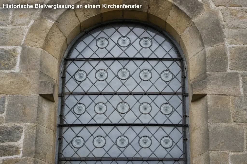 Detailansicht einer historischen Butzenscheibe mit Verstärkungseisen in einem Kirchenfenster vor blauem Himmel.