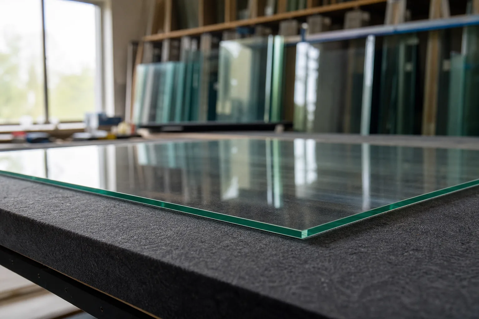 Nahaufnahme einer klaren Floatglasscheibe mit sichtbarer Kante in einer Glaserei-Werkstatt.