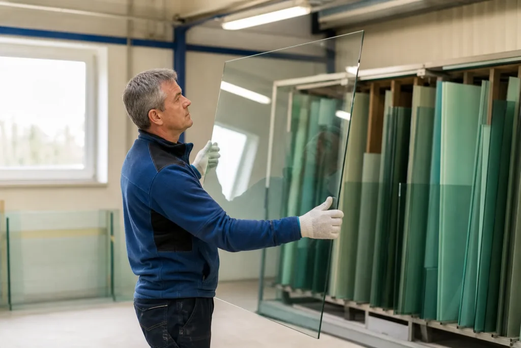 Glaser prüft eine Floatglasscheibe im Zuschnittraum vor dem Einbau als Fensterglas.