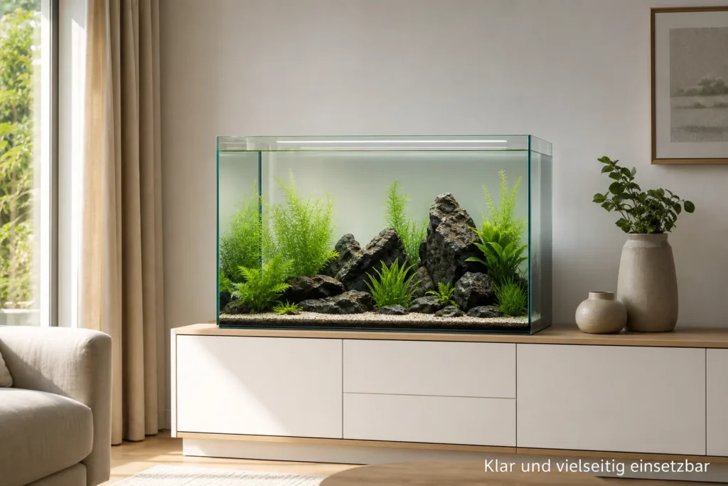 Aquarium mit klarer Floatglasscheibe in modernem Wohnzimmer.
