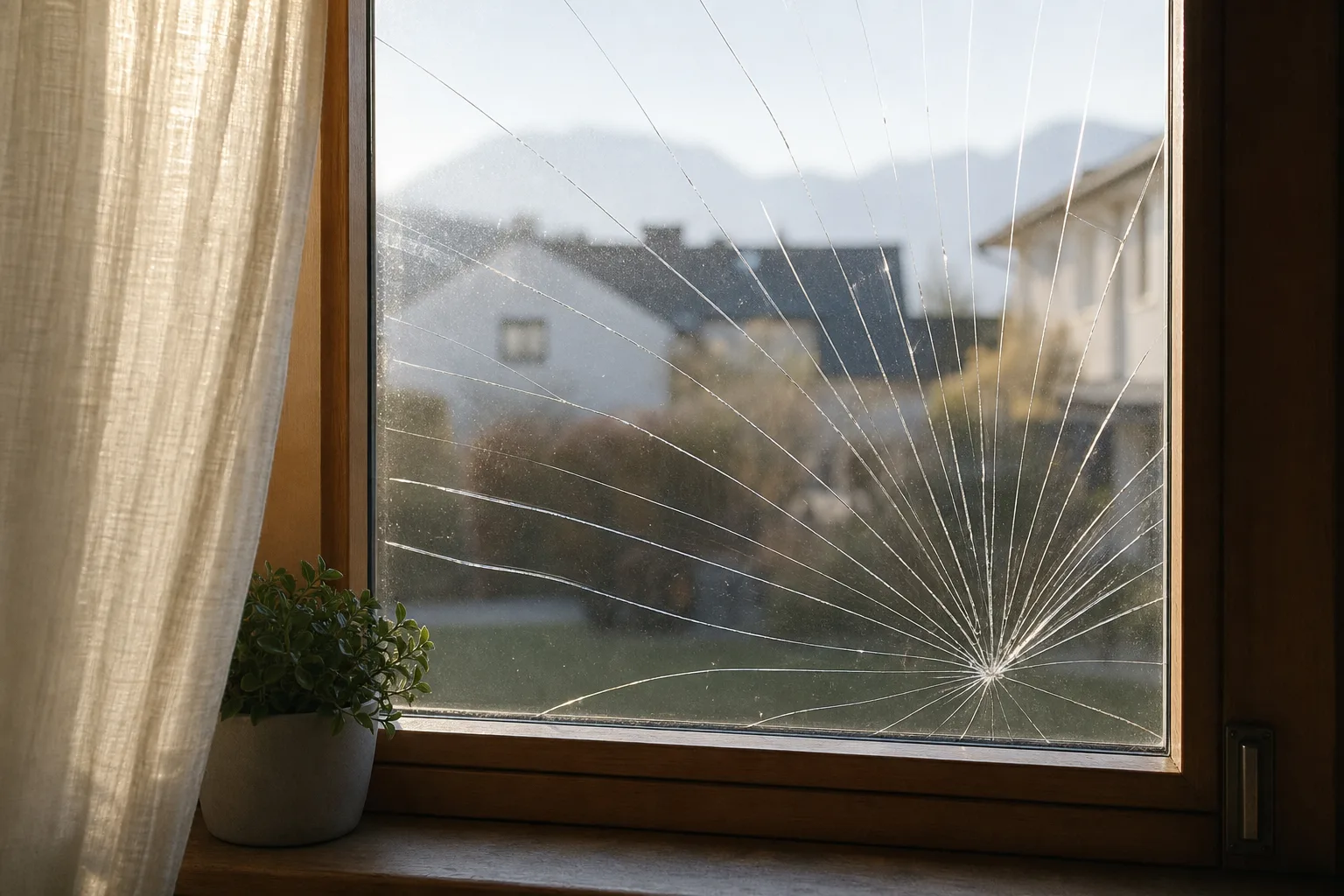 Zersprungene Fensterscheibe in einem österreichischen Wohnhaus, wie sie typischerweise über die Glasbruchversicherung reguliert wird
