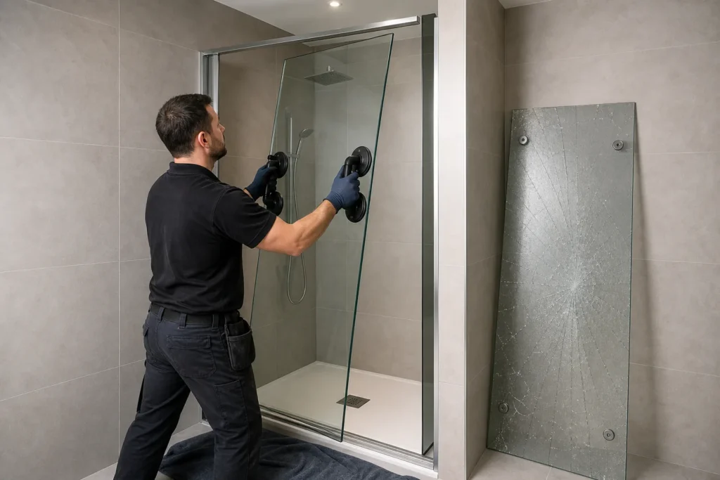 Glaser tauscht fachgerecht eine gesprungene Duschwand aus Sicherheitsglas in einem Badezimmer aus