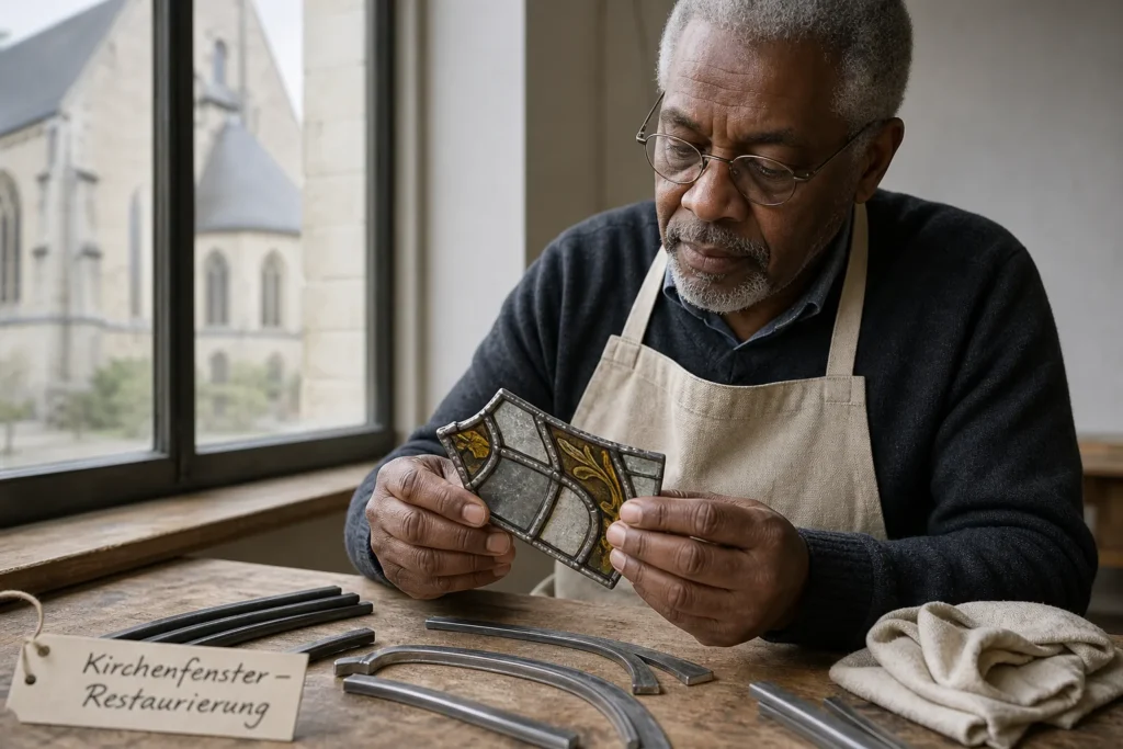 Restaurator arbeitet an einem historischen Kirchenfenster-Fragment auf einer Werkbank, umgeben von Bleiruten-Stücken und einem Beschriftungsschild.