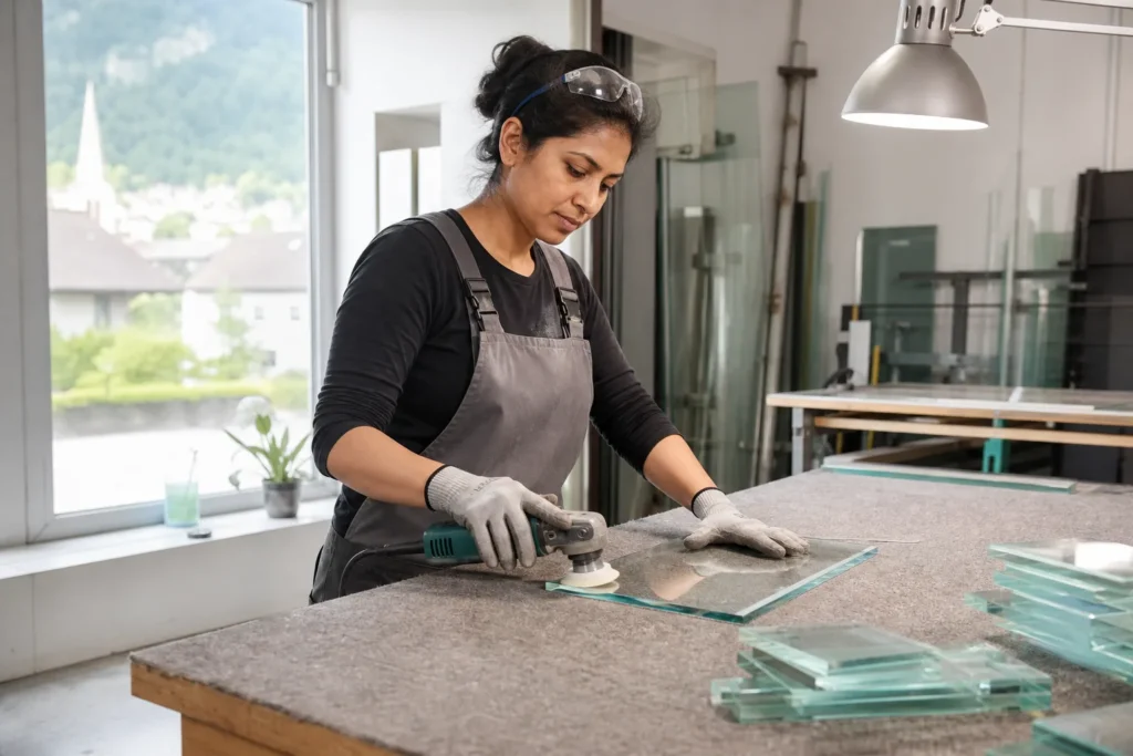 Glaserin schleift die Kante eines Glasregalbodens an einer Werkbank in der Werkstatt