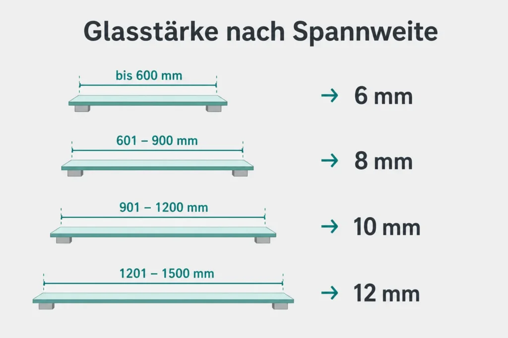 Infografik zur Glasstärke nach Spannweite für Regalböden aus Glas mit Traglast-Angaben