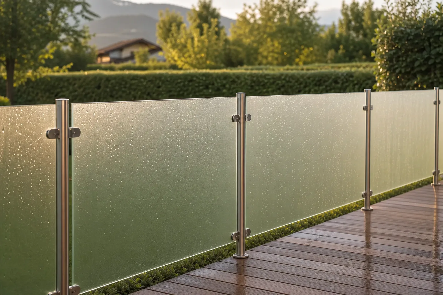 Freistehender Glaszaun mit satiniertem Glas und Edelstahlpfosten als Sichtschutz entlang einer Gartengrenze