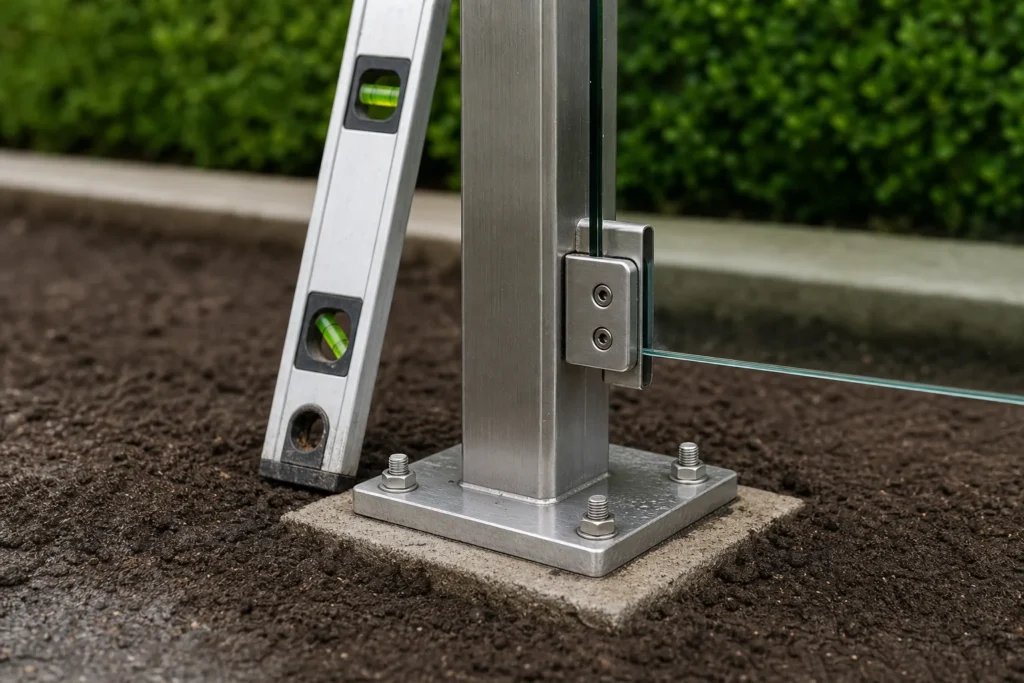Detailansicht eines Pfostensystems mit Punkthalter und Fundamentierung bei der Montage eines Glaszauns
