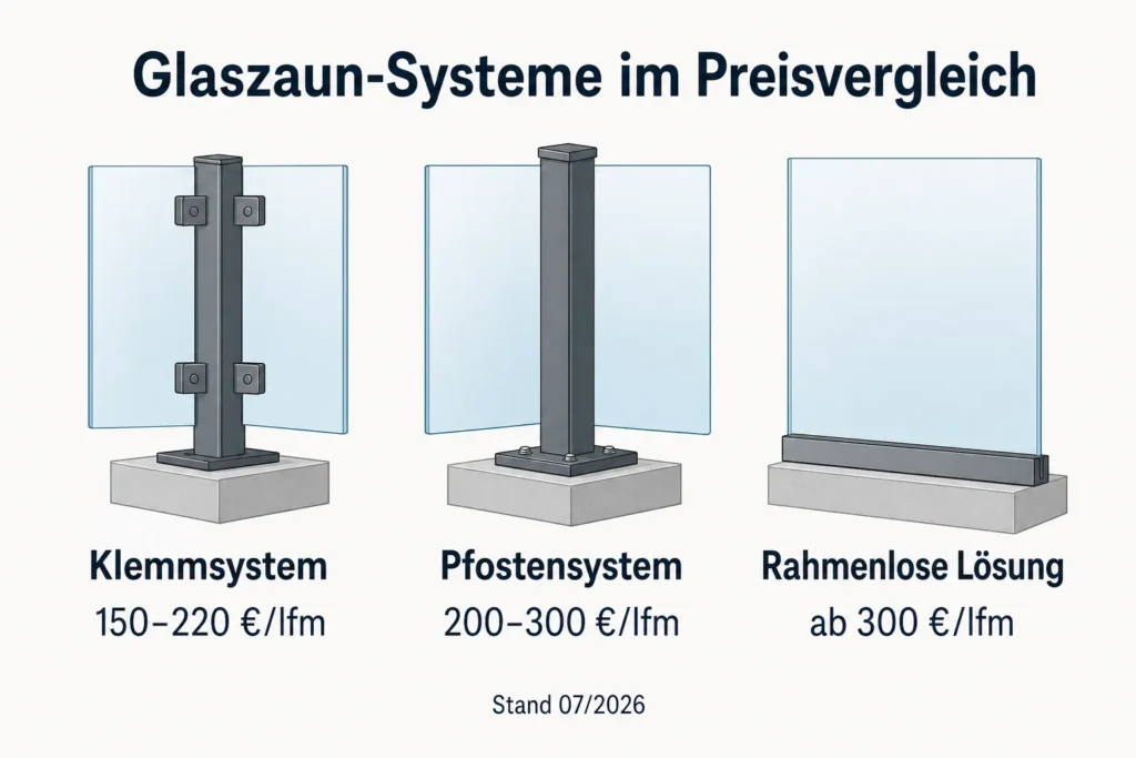 Infografik zu Preisspannen pro laufendem Meter für Klemmsystem, Pfostensystem und rahmenlosen Glaszaun