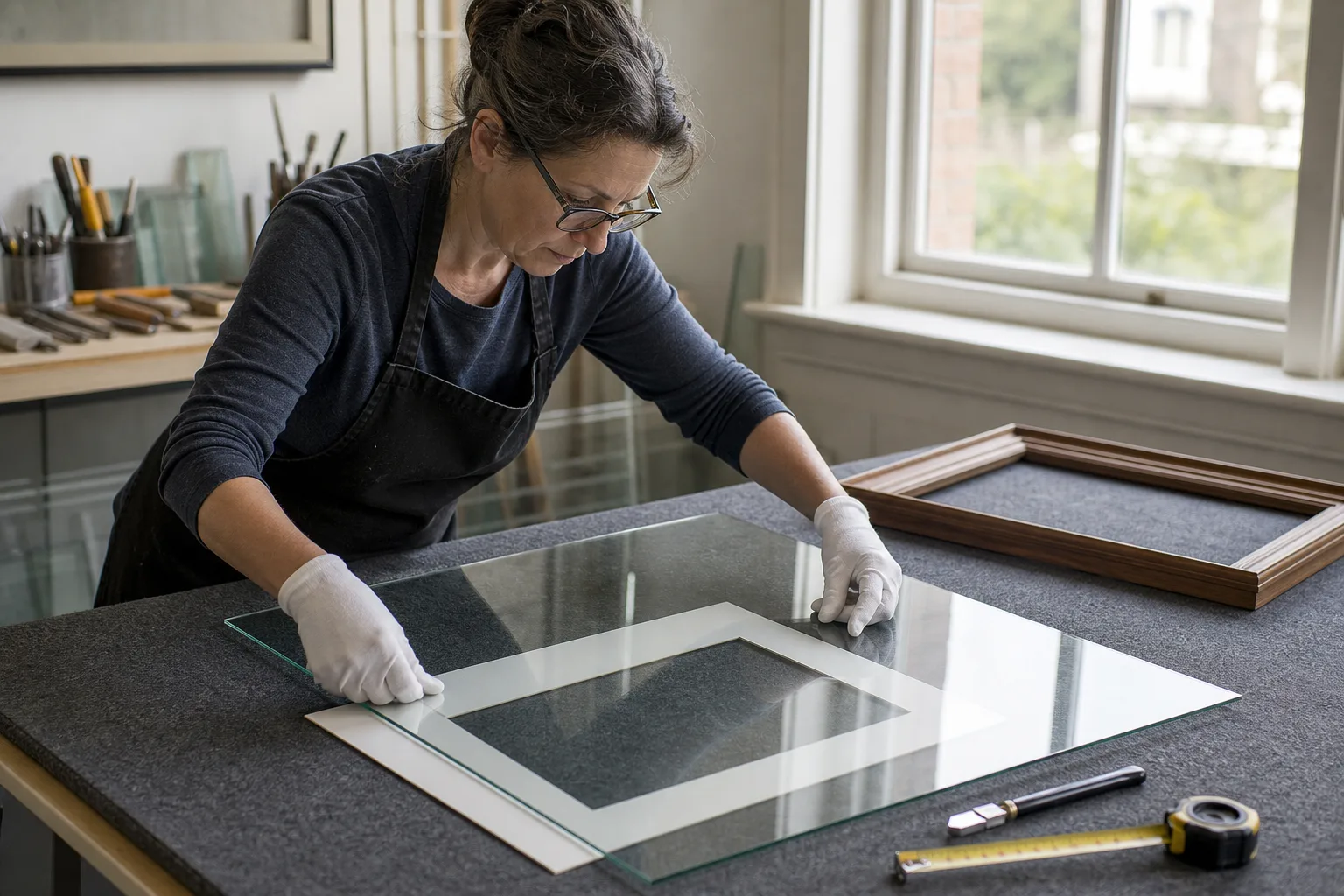 Glaser schneidet in der Werkstatt eine Scheibe Museumsglas passgenau für einen Bilderrahmen zu.