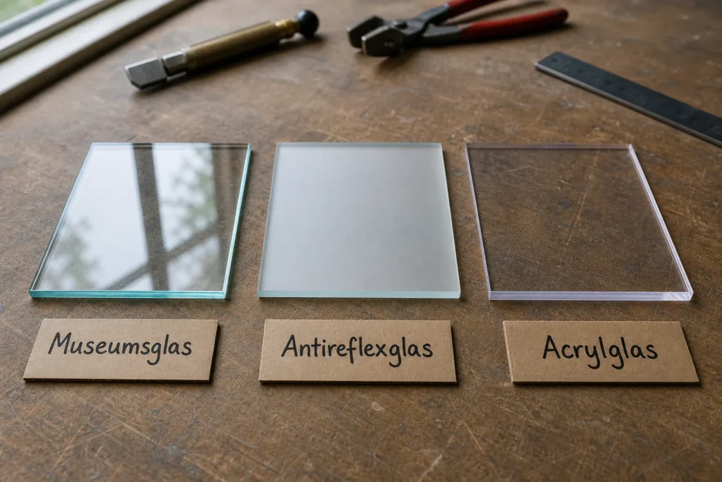 Vergleichsdarstellung von Museumsglas, Antireflexglas und Acrylglas nebeneinander auf einer Werkbank.