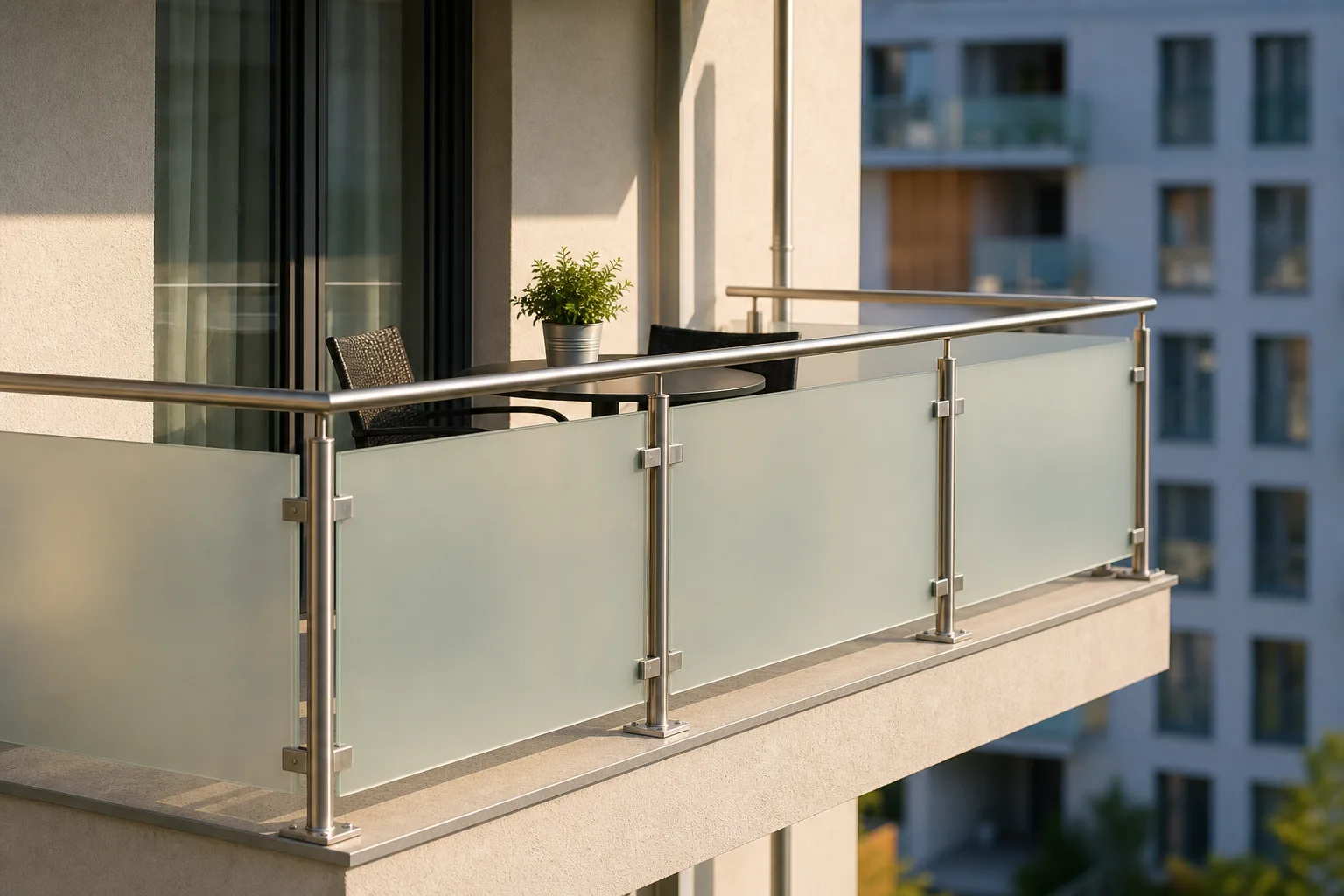 Balkon mit Edelstahlgeländer und nachgerüstetem satiniertem Glas-Sichtschutz an einem Mehrfamilienhaus