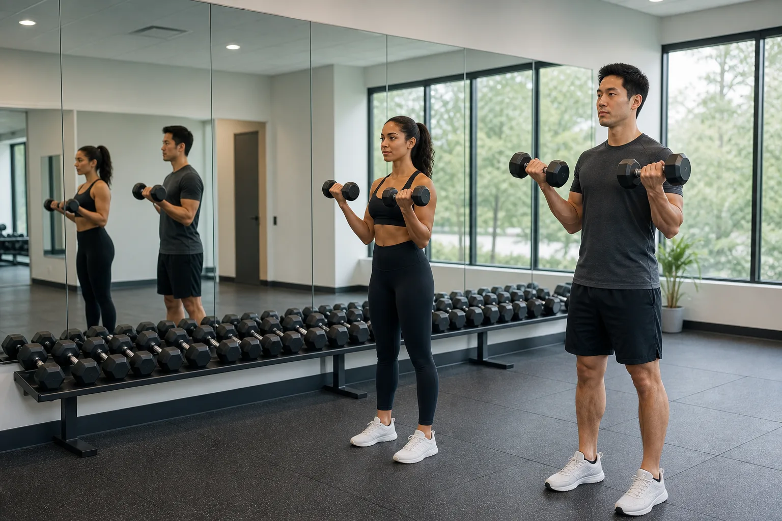 Großflächige Spiegelwand aus Sicherheitsglas an der Längswand eines modernen Fitnessstudios mit Hantelbereich davor.