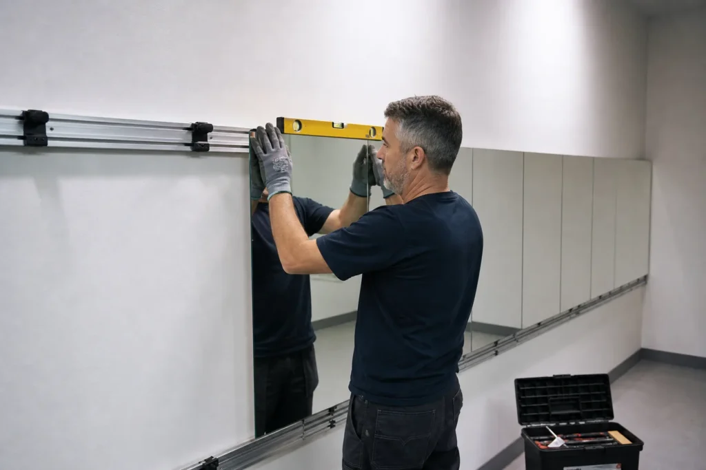 Nahaufnahme einer Montageschiene aus Aluminium, mit der ein Spiegelmodul aus ESG-Glas an einer Wand ausgerichtet wird.