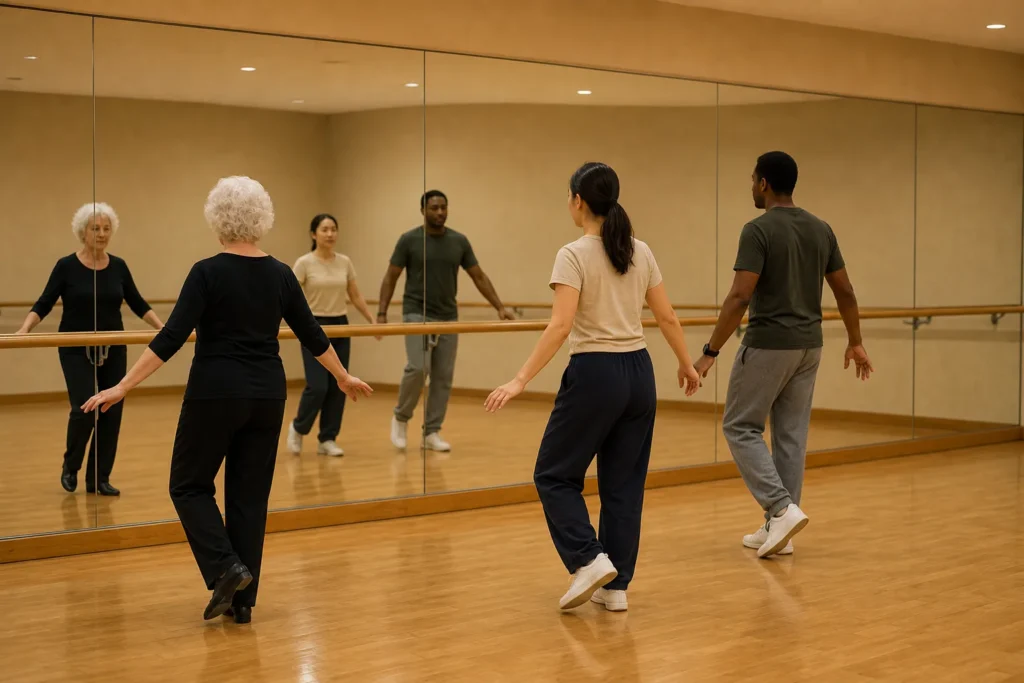 Tanzschule mit spiegelnder Wandfläche über die gesamte Raumbreite, in der eine Gruppe eine Choreografie übt.