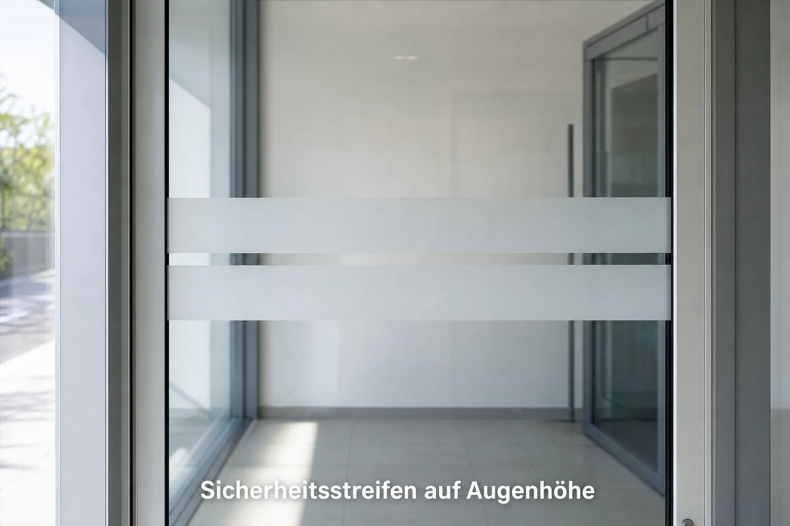 Glaseingangstxc3xbcr mit zwei kontrastreichen Sicherheitsstreifen auf Augenhxc3xb6he in einem hellen Eingangsbereich.
