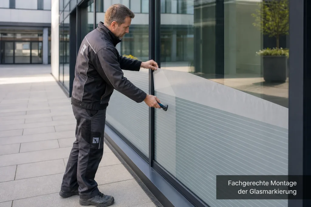 Fachmann bringt eine Sicherheitsmarkierung auf einer Glasfassade im Eingangsbereich eines Bürogebäudes an.
