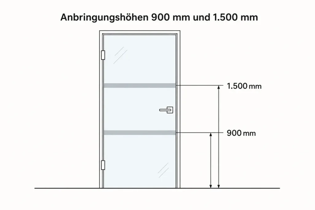 Infografik mit den Anbringungshöhen 900 mm und 1.500 mm für Sicherheitsstreifen an einer Glastür.