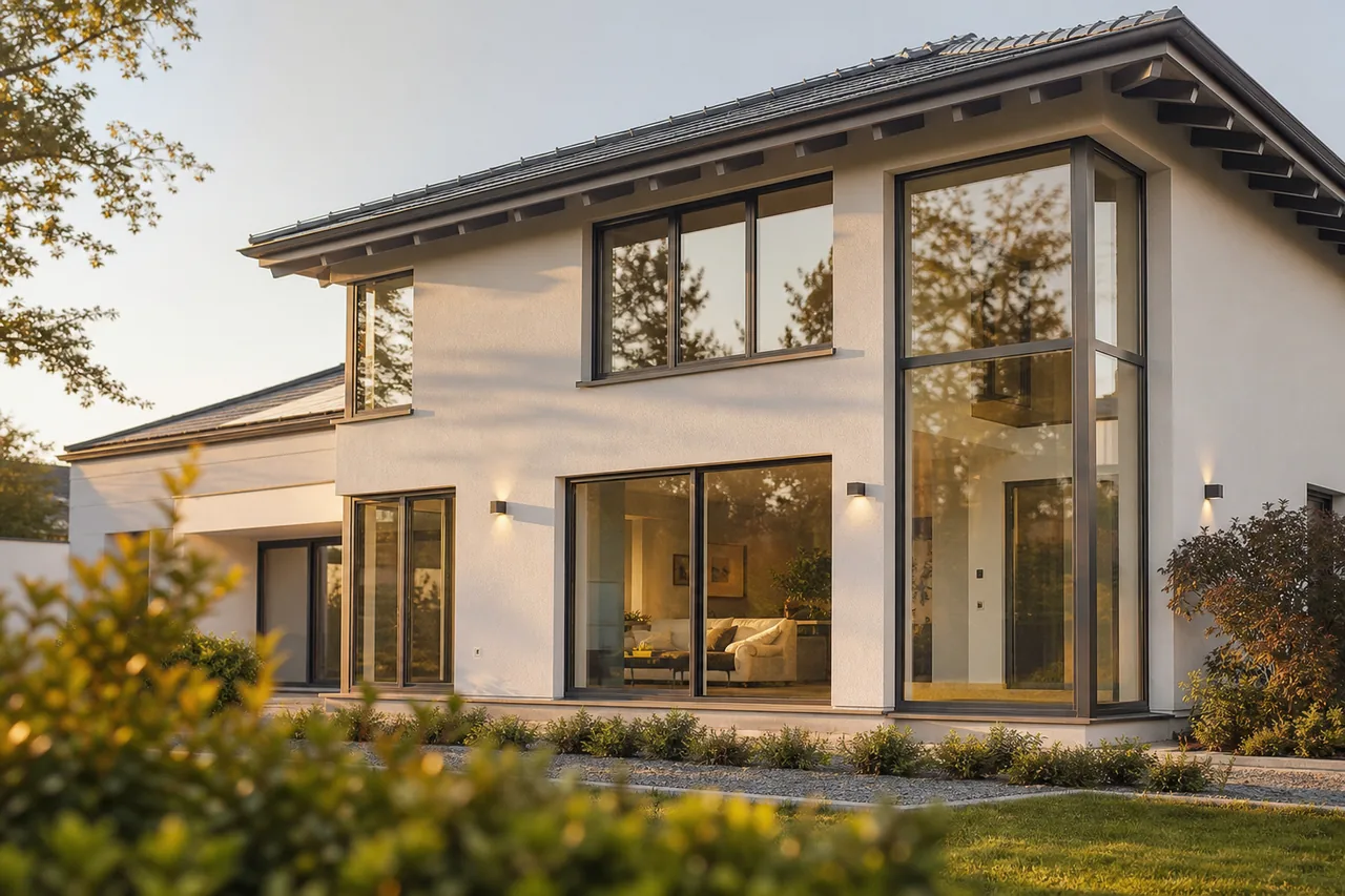 Modernes Einfamilienhaus mit großzügiger Glasfassade und Dreifachverglasung im goldenen Abendlicht