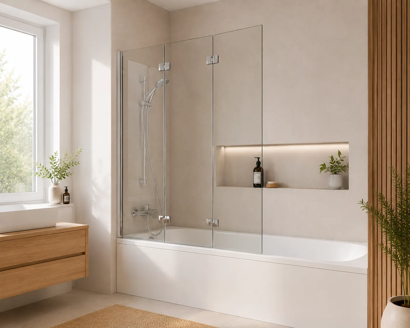 Badewannenfaltwand aus Glas als Spritzschutz an der Badewanne