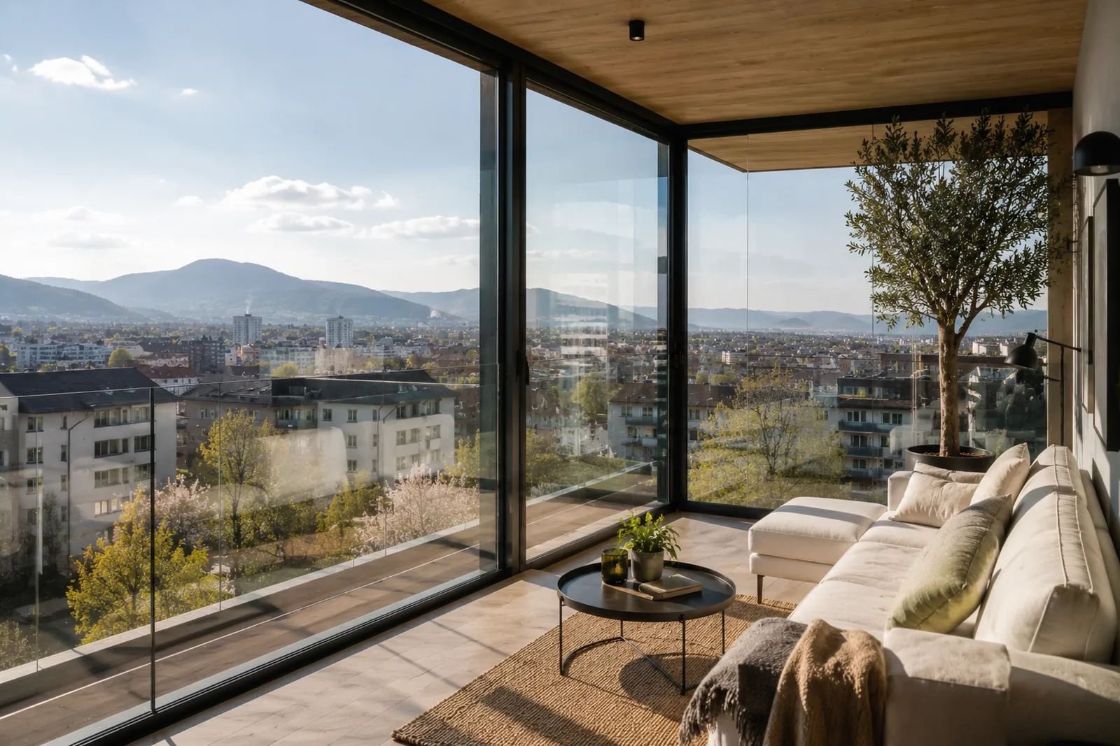 Moderner Wintergarten mit grou00dfer Glasfront als Anbau am Balkon