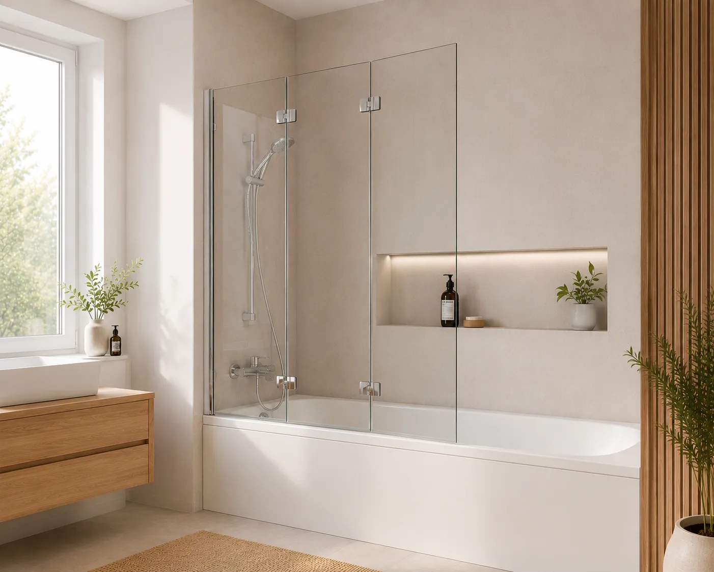 Faltbare Duschabtrennung aus Glas an einer Badewanne als platzsparender Spritzschutz.