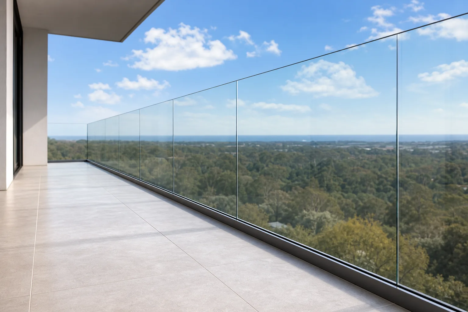 Modernes Balkongeländer aus Glas an einem Wohnhaus