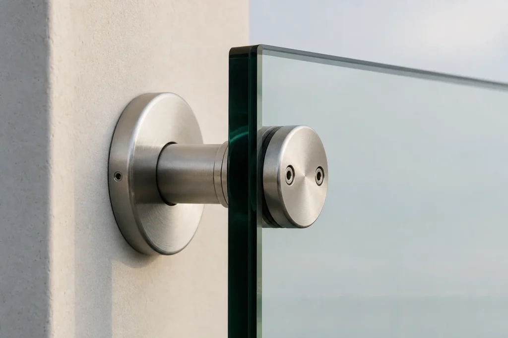Glasbalkongeländer mit Edelstahlhalterung im Detail