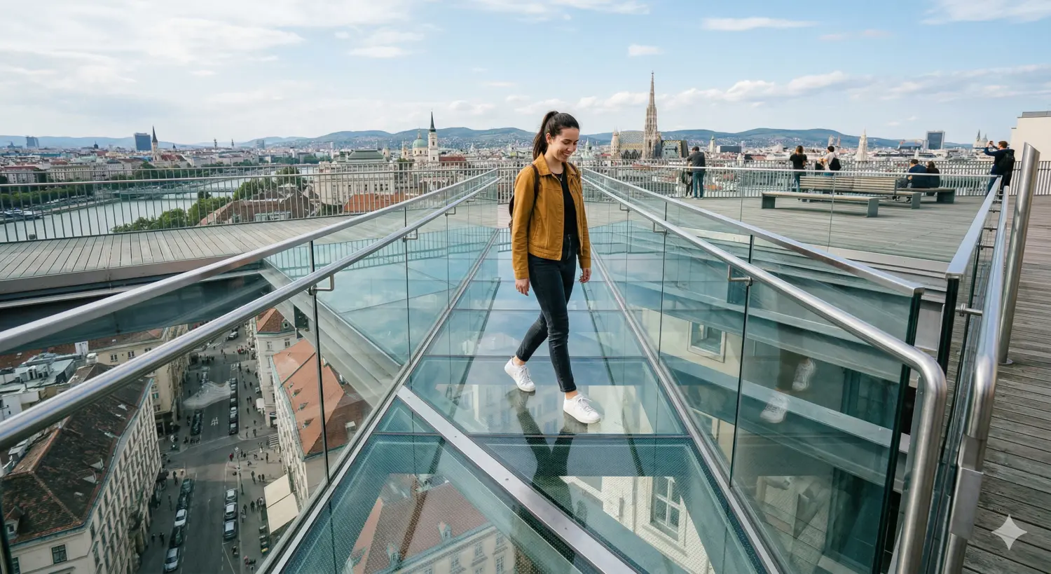 Frau auf einer gläsernen Brücke aus VSG-Glas