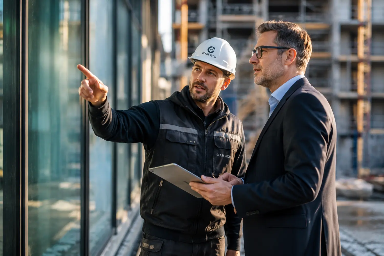 Moderne Produktionshalle eines Glaser-Fachbetriebs mit CNC-Schneidetisch