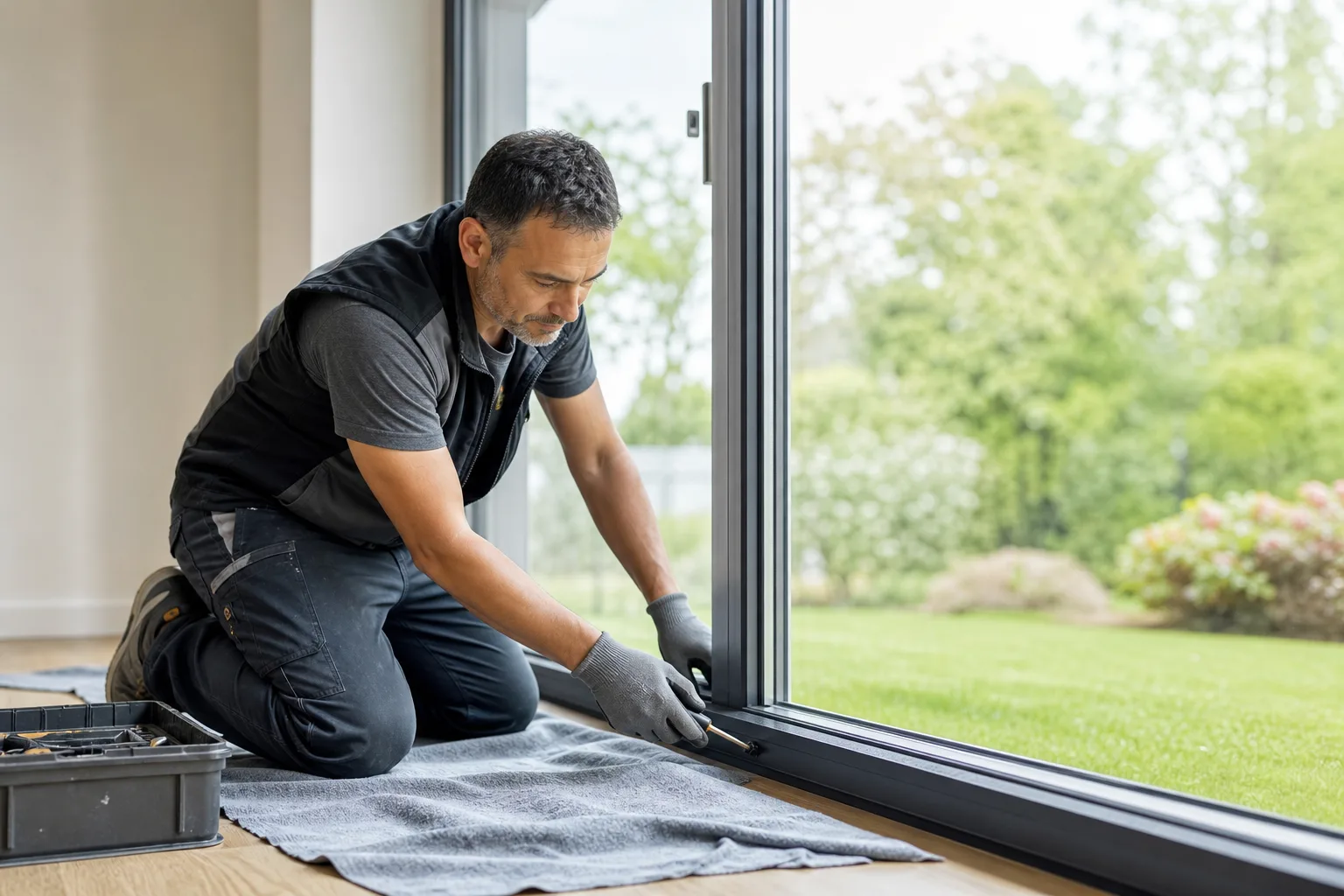 Glaser montiert ein bodentiefes Fenster mit Blick vom Wohnraum in den Garten