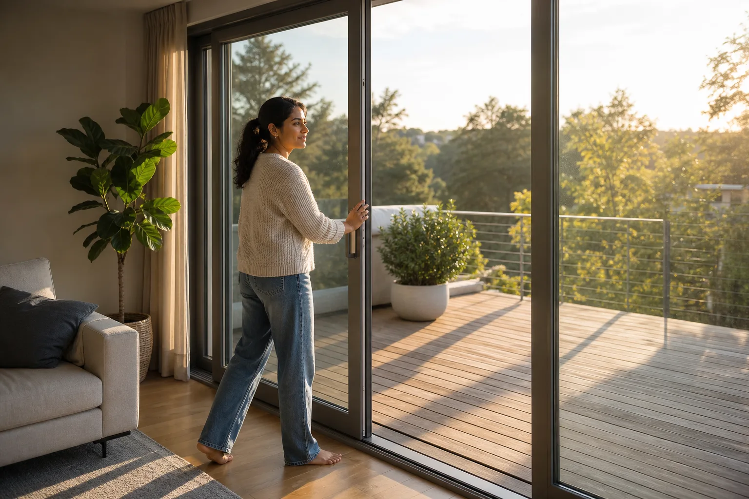 Bewohner öffnet eine Terrassentür-Kombination mit bodentiefer Verglasung zum Garten