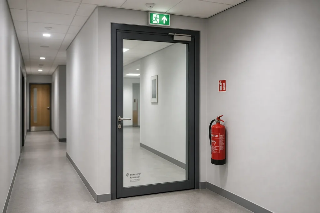 Geschlossene Brandschutzglastür mit Prüfzeichen am Ende eines Bürokorridors, der als Fluchtweg dient.