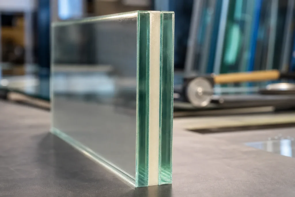 Detailansicht eines aufgeschnittenen Brandschutzglas-Musters mit sichtbarer Zwischenschicht zwischen zwei Glasscheiben.
