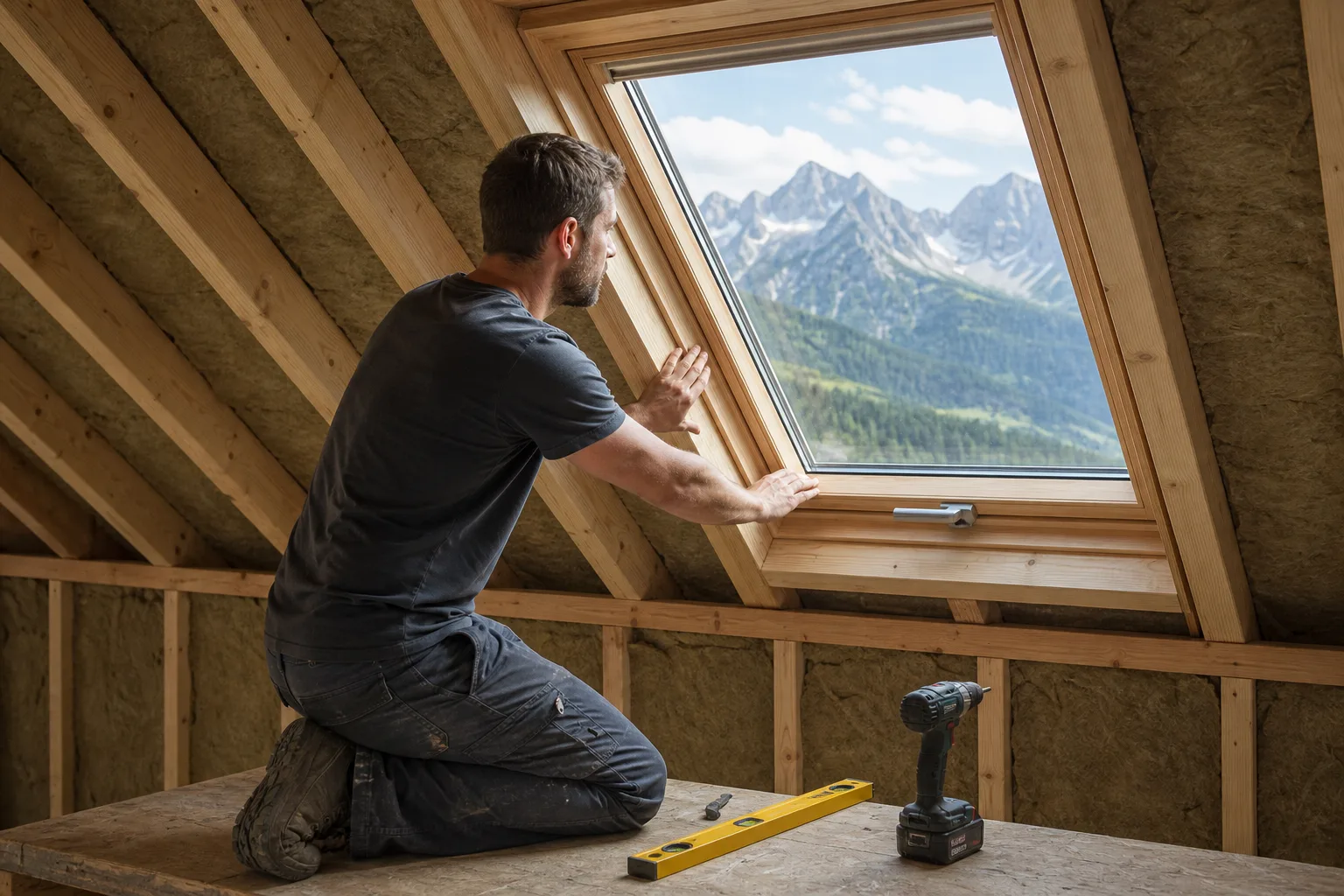 Handwerker baut ein neues Dachfenster mit Eindeckrahmen in eine Dachschräge ein.
