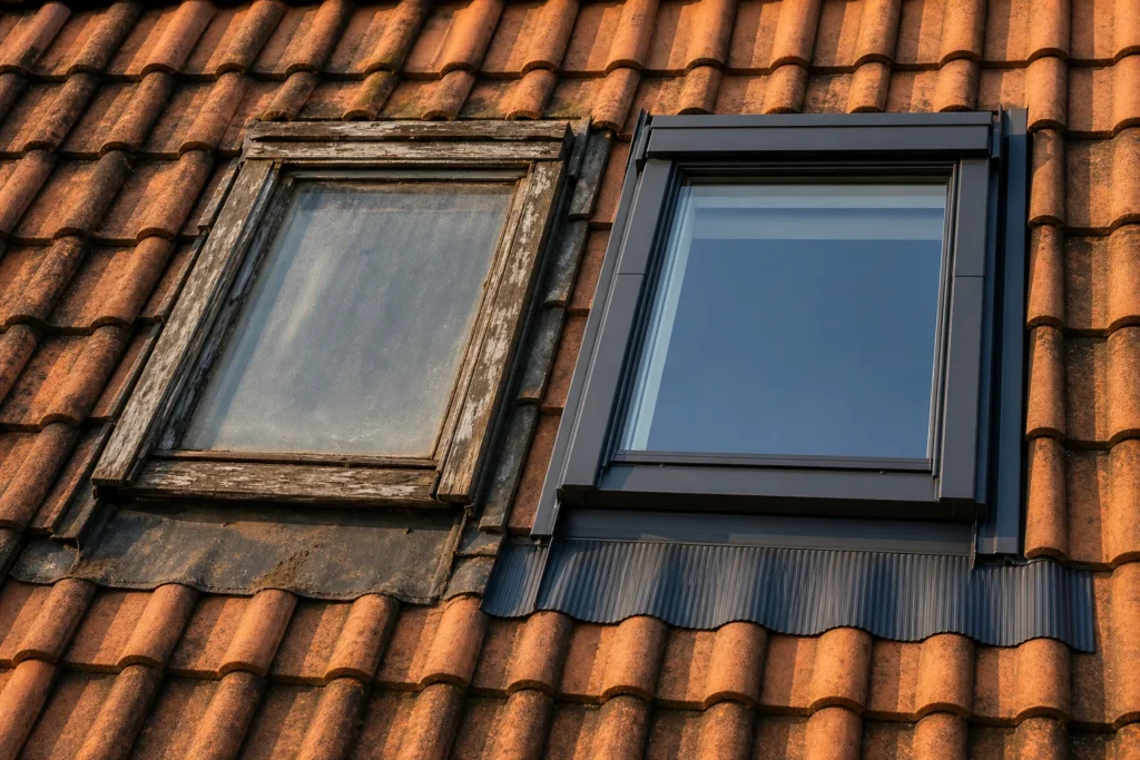Vergleich eines alten, verwitterten Dachfensters mit einem neuen, modernen Dachfenster in Kunststoffrahmen.
