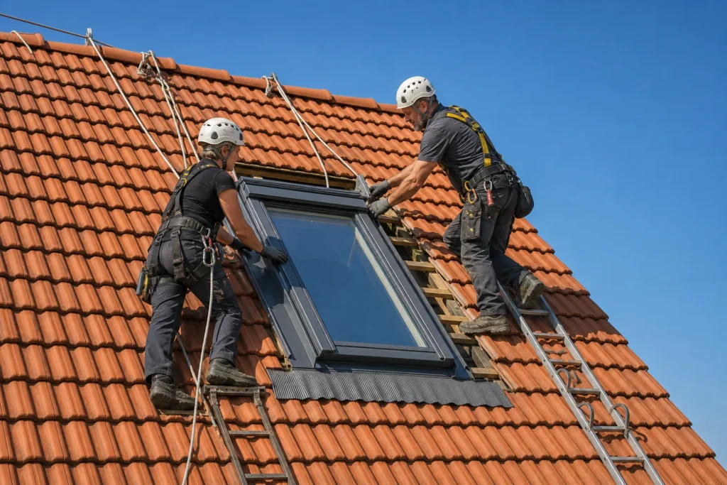 Zwei Fachleute montieren gemeinsam ein Dachfenster von außen auf einem geneigten Ziegeldach.