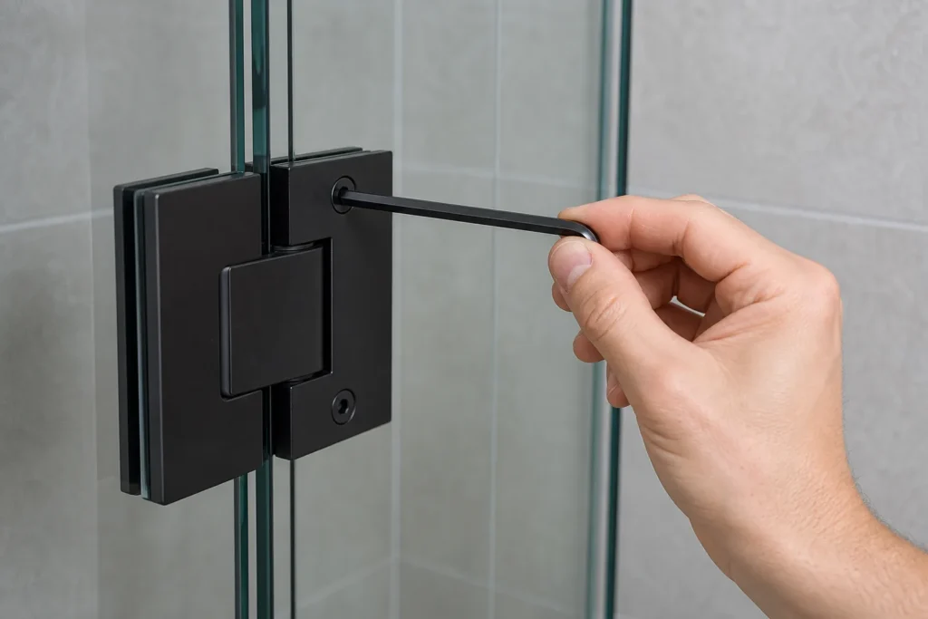 Detailaufnahme eines Scharnier-Beschlags an einer Glas-Duschtür mit Griff.