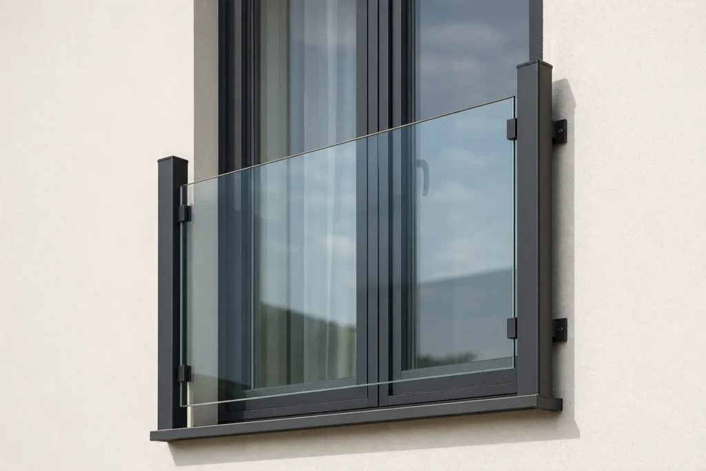 Detailansicht der Halterung eines Glasgeländers am französischen Balkon