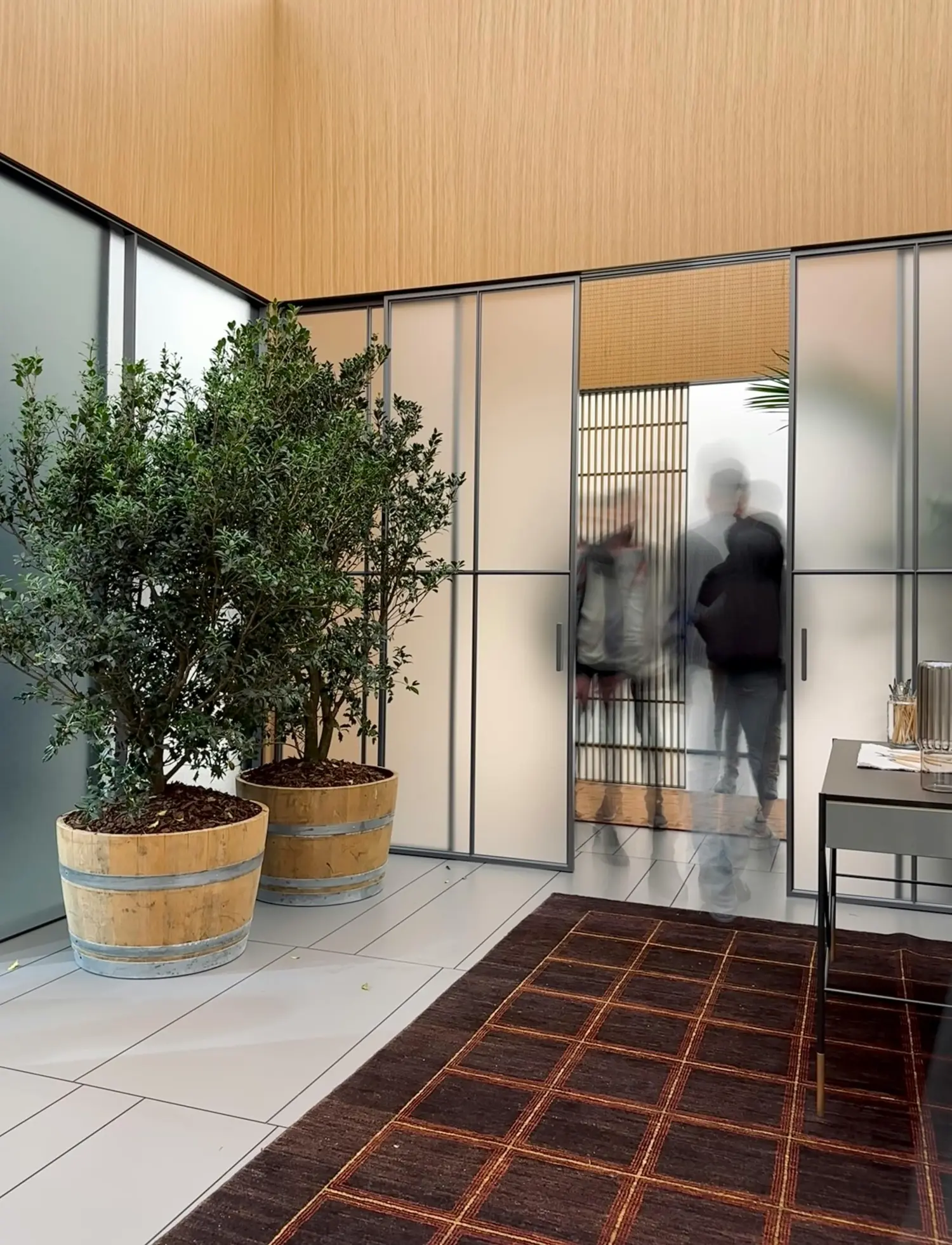 Eine moderne Ganzglas-Schiebetür als platzsparender Zugang zu einer begehbaren Garderobe