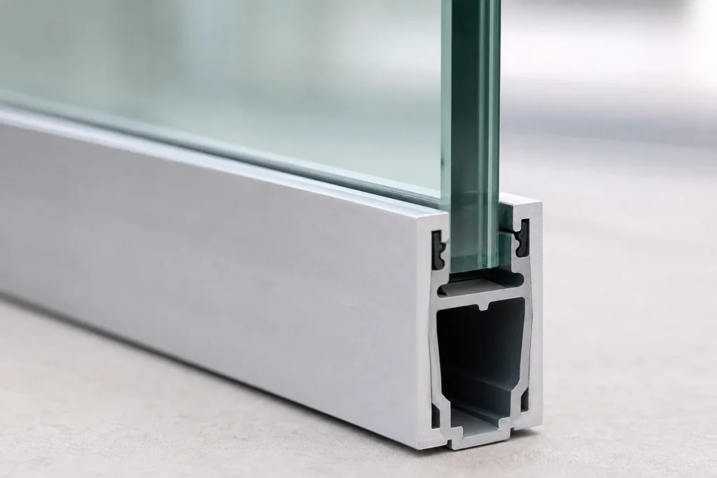 Detailaufnahme einer Klemmhalterung eines Ganzglasgeländers