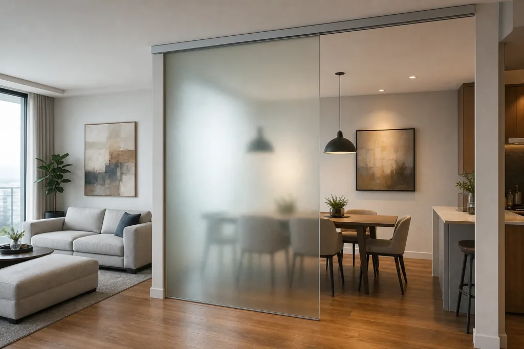 Satinierte Glas-Schiebetür trennt Wohnbereich und Essbereich in einer modernen Wohnung.