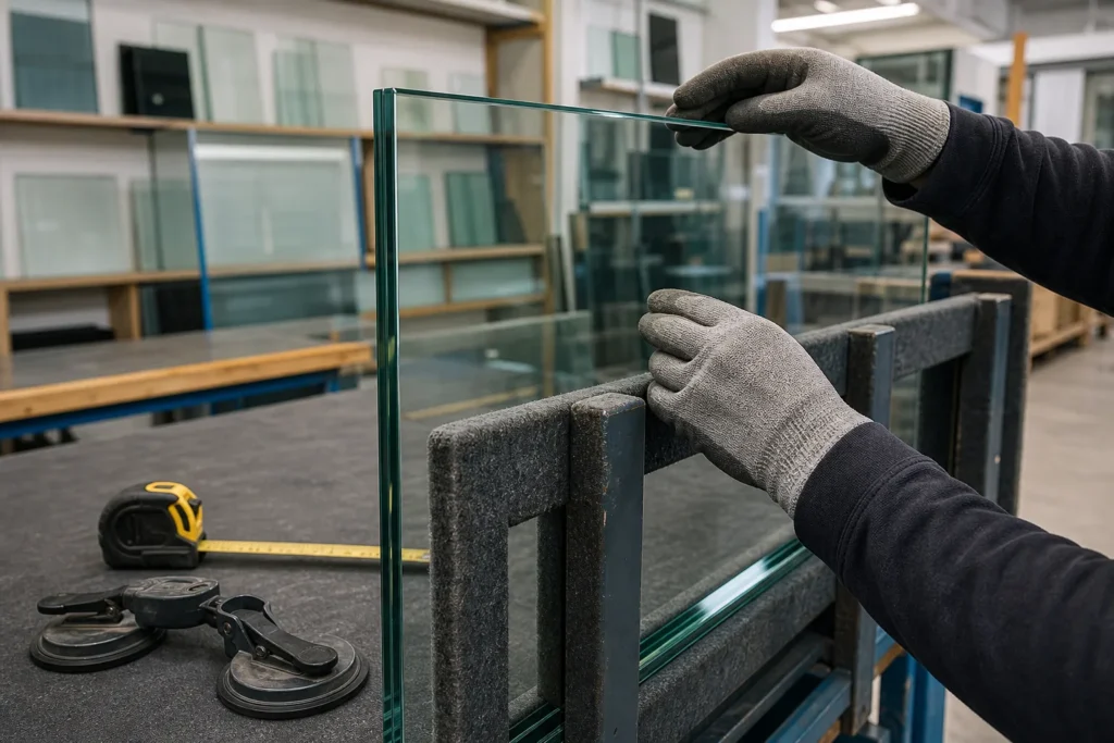 Glaser-Werkstatt mit zugeschnittenem Sicherheitsglas für eine Glasschiebetür nach Maß.