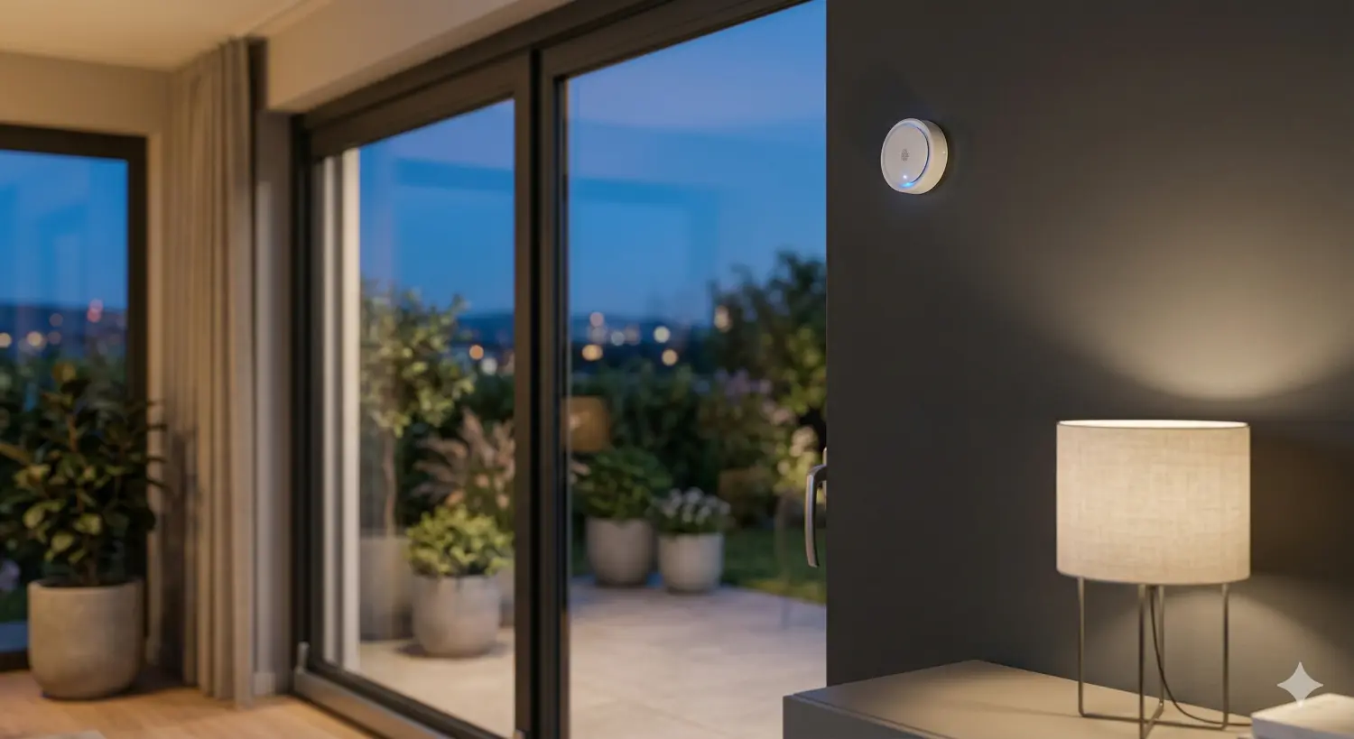 Ein an der Decke montierter akustischer Glasbruchsensor überwacht die Fensterfront eines modernen Wohnzimmers