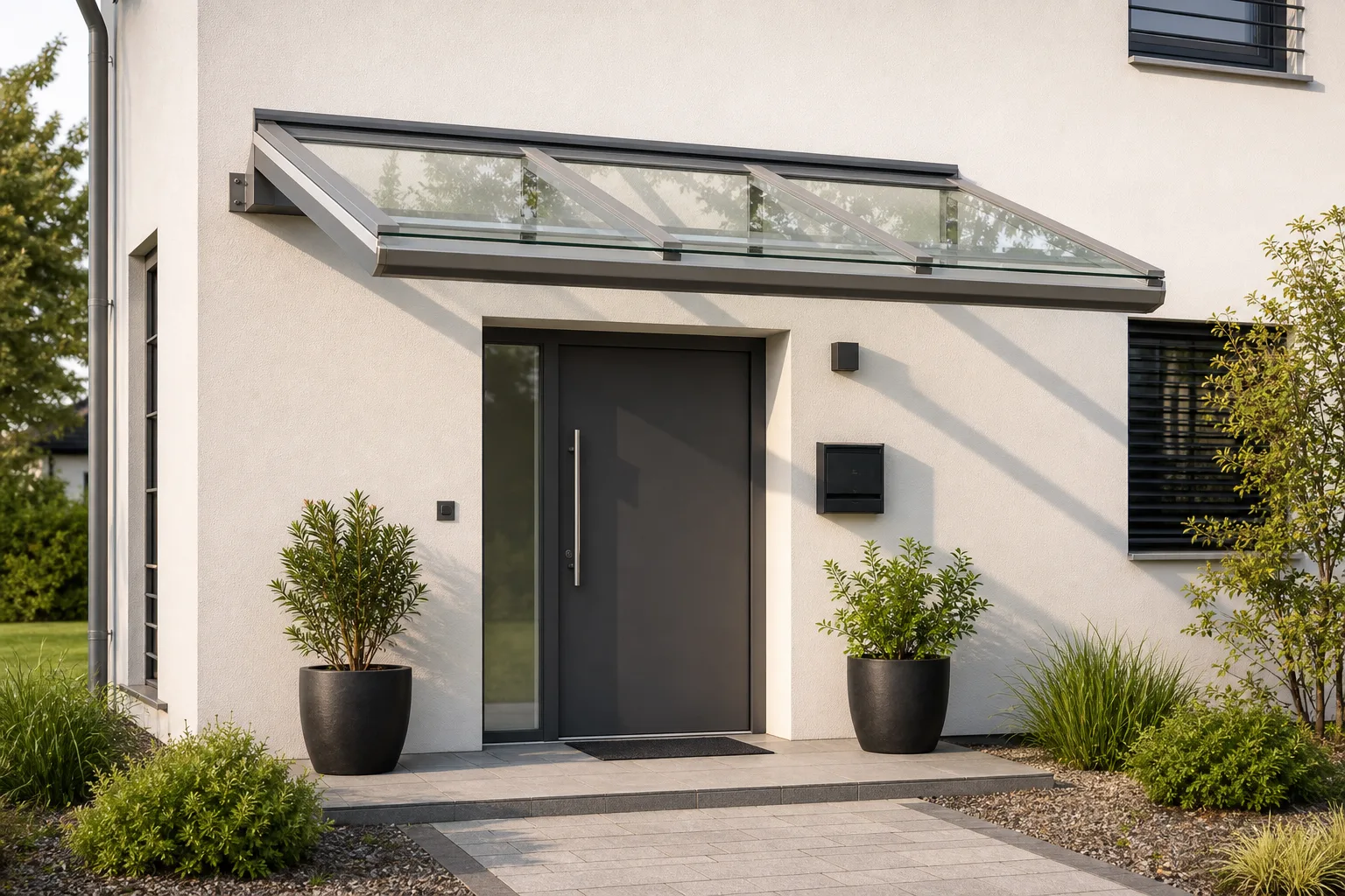 Modernes Glasdach mit Aluminiumkonstruktion über der Eingangsüberdachung eines Einfamilienhauses