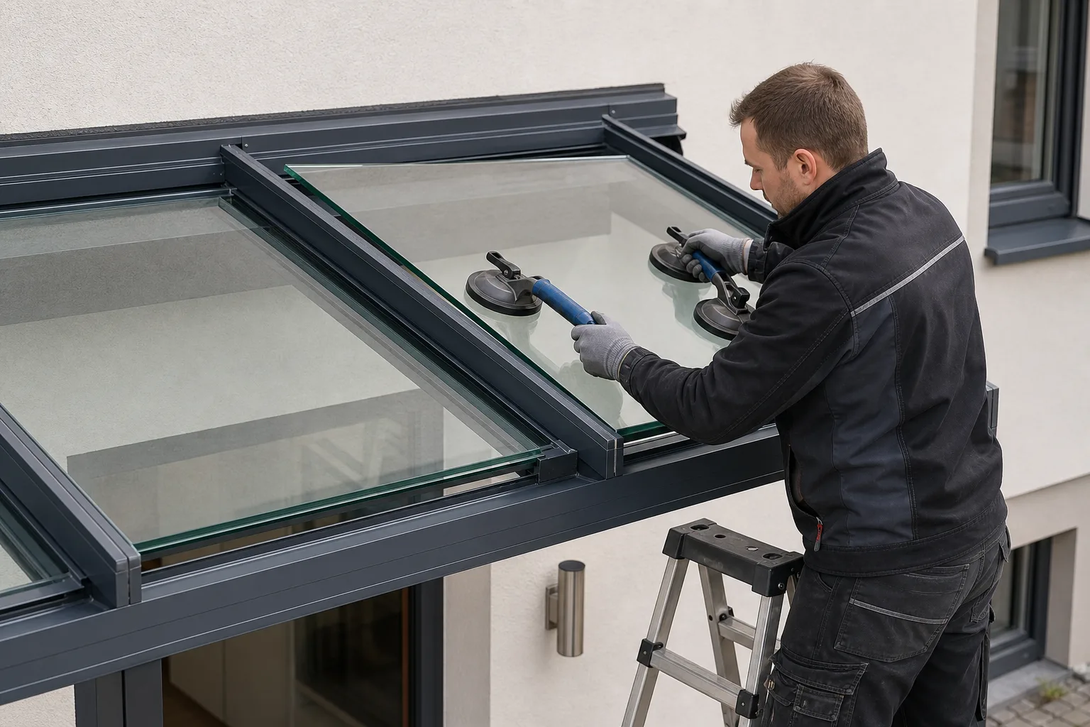 Glasermeister montiert eine VSG-Glasscheibe auf die Tragkonstruktion eines Glasdachs