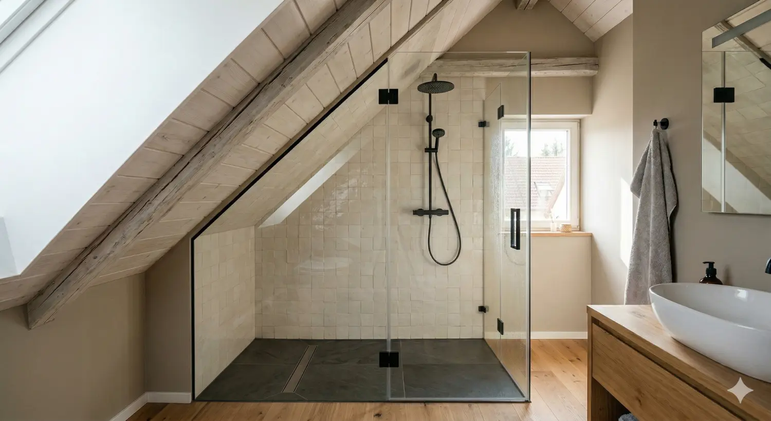 Elegante Glasdusche in einem Badezimmer mit Marmor-Optik
