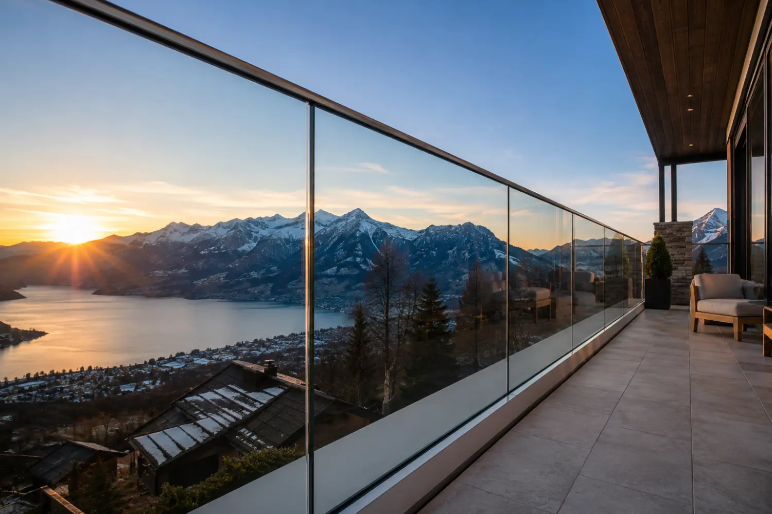 Absturzsichernde Glasbrüstung an einem modernen Balkon