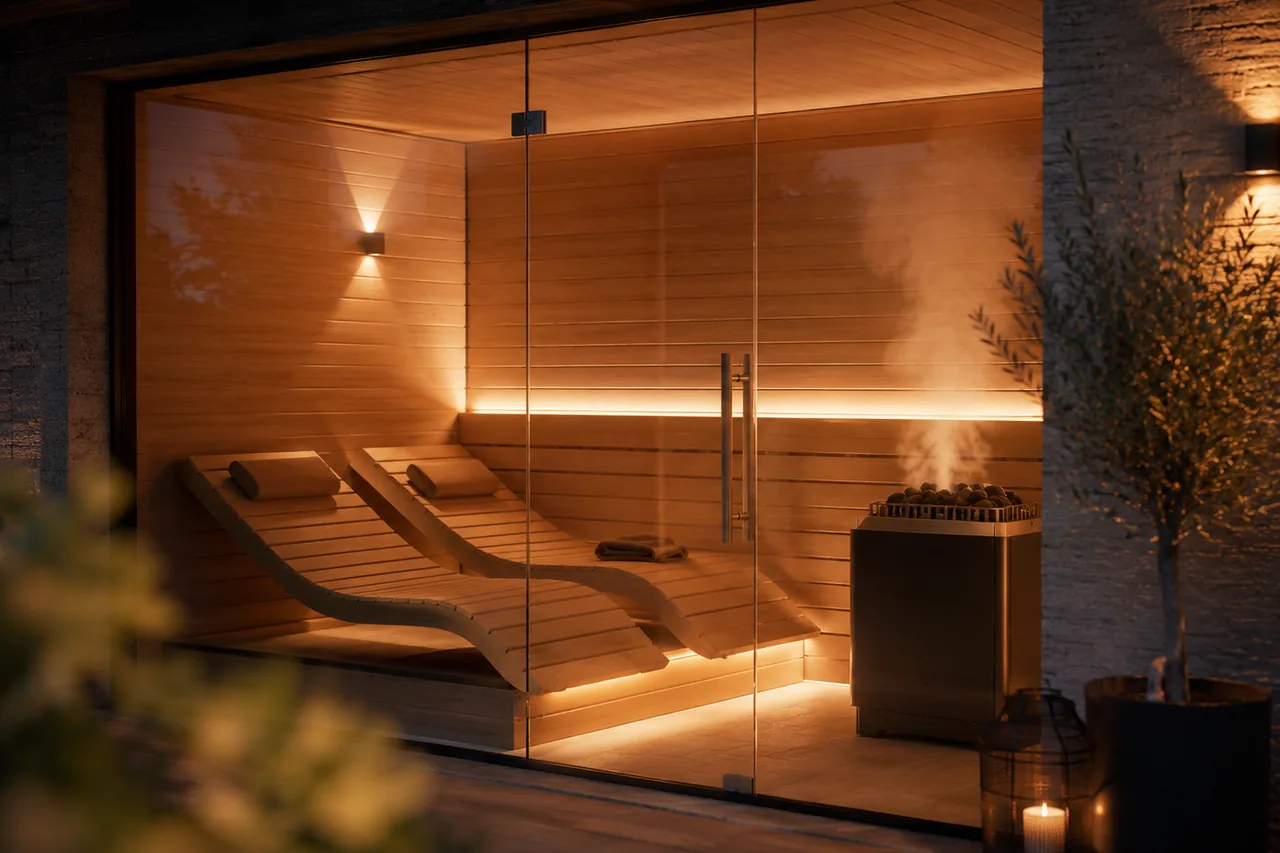 Moderne Sauna mit Glasfront für das eigene Zuhause.