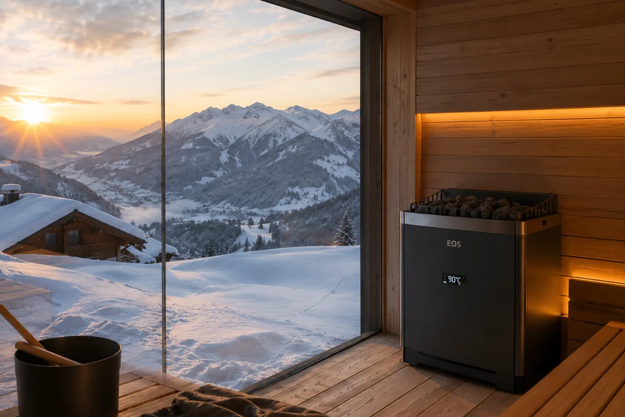 Sauna mit großflächiger Verglasung und winterlichem Ausblick ins Freie.